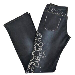 Y2K NWT Jordon Black Jeans With Silver Embroidery and Rhinestones Size M